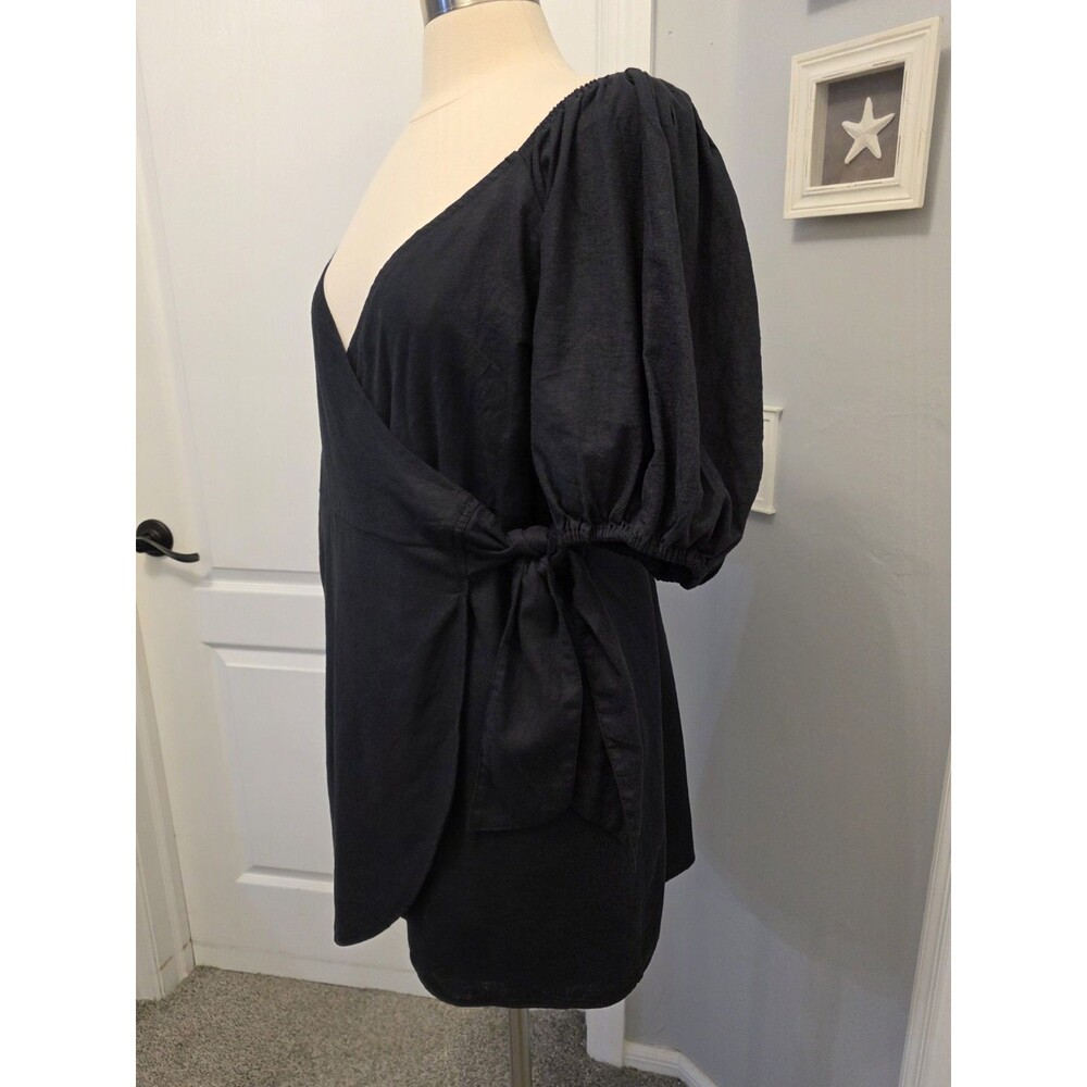 New Abercrombie & Fitch Linen Blend Faux Wrap Dress Puff Sleeve Large Petite LP - Picture 4 of 10